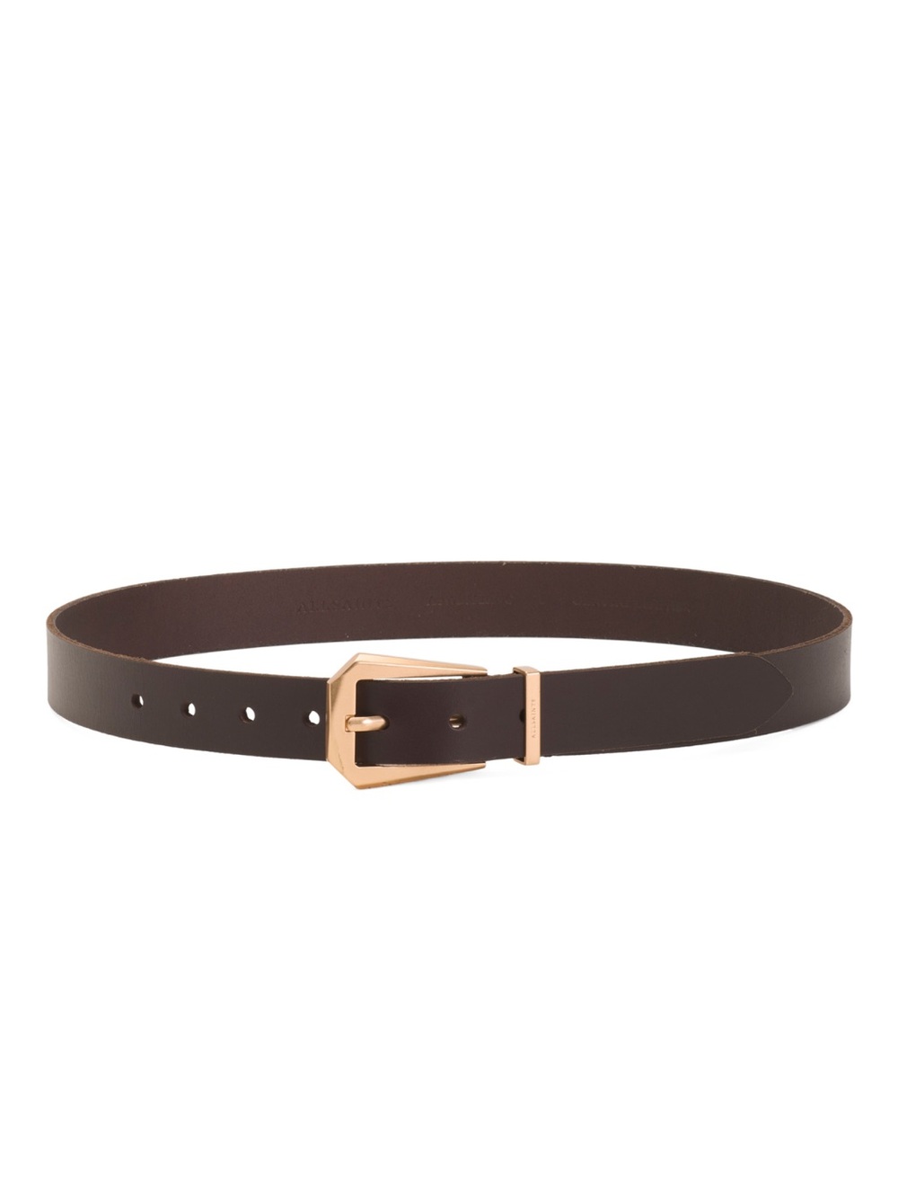 All Saints Western Dark Brown Leather Belt with Gold Hex Buckle